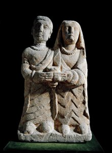 Iberische kunst: beeldje van een paar dat een offer brengt. Beeldhouwwerk uit Albacete, Cerro de los Santos, Spanje. 4e-2e eeuw v.Chr. Madrid, Nationaal Archeologisch Museum door Iberian