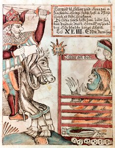Hermod te paard op Sleipnir, het beroemde achtbenige paard van zijn vader, bij de gesloten poorten van het Koninkrijk van Hel door Icelandic School