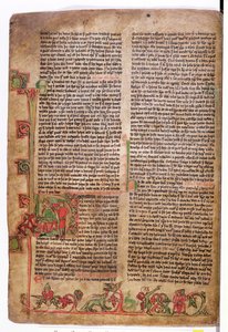 Geïllustreerde initiaal D aan het begin van De Saga van Olaf Tryggvason, uit Flateyjarbok (Het Boek van Flatey) eind 14e eeuw door Icelandic School