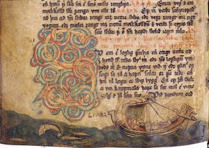 Geïllustreerde initiaal S, uit een kopie van de oorspronkelijke 13e-eeuwse Jonsbok wetverzameling door Icelandic School