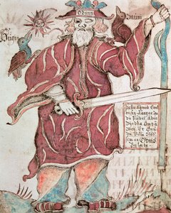 Odin, met zijn twee raven, Hugin (gedachte) en Munin (geheugen)