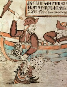 Thor vist naar de slang van Midgard, vanuit de boot van de reus Hymir