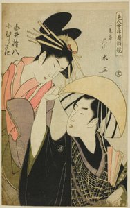 Shirai Gonpachi en Komurasaki, uit de serie "Schoonheden in Joruri Rollen (Bijin awase joruri kagami)" door Ichirakutei Eisui