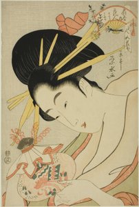 De Courtisane Hanahito van de Ogiya en bedienden Sakura en Momiji, uit de serie 