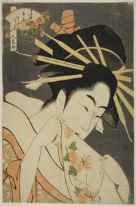 De courtisane Senzan van de Chojiya, uit de serie "Schoonheden van de Vijf Festivals (Bijin gosekku)" door Ichirakutei Eisui