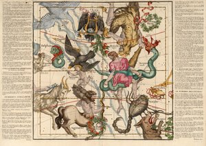 Winterzonnewende, Plaat 5 uit Globi coelestis in tabulas planas redacti descriptio, uitgegeven 1674 (handgekleurde gravure) door Ignace Gaston Pardies
