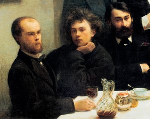Tafelhoek: van links naar rechts: Paul Verlaine, Arthur Rimbaud, Elzear Bonnier. (Schilderij, 19e eeuw)