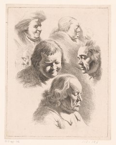 Compositie met zes hoofden van mannen en vrouwen met gesloten ogen