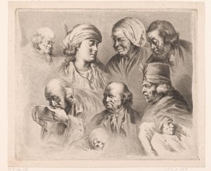 Compositie met negen hoofden van mannen en vrouwen van verschillende leeftijden