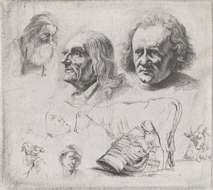 Studie van zes hoofden en een melkmeisje, 1816 door Ignace Joseph de Claussin