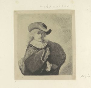 Zelfportret met hoed met slappe rand en geborduurde mantel