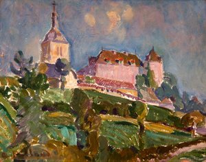 Uitzicht op het kasteel en de kerk van Gruyères, circa 1925-30 door Ignace Nazaire Oswald Pilloud