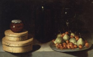 Stilleven (schaal met kersen en peren, dozen en pot honing) door Ignacio Zuloaga y Zabaleta