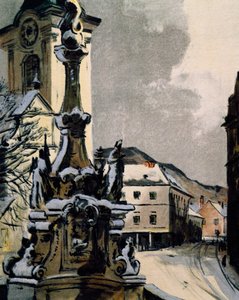 Uitzicht op Hainburg an der Donau, Oostenrijk, stad waar Franz Joseph Haydn muziek studeerde, Prent door Igo Potsch ter viering van de honderdste sterfdag van de muzikant door Igo Potsch