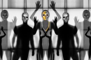 Surrealistische gemaskerde figuren door Igor Shrayer