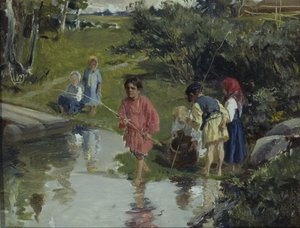 Kinderen vissen, 1882 door Illarion Mikhailovich Pryanishnikov