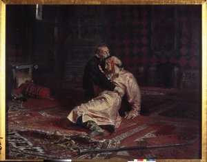 Ivan IV de Verschrikkelijke omhelst zijn zoon Ivan Ivanovich die hij dodelijk verwondde tijdens een ruzie op vrijdag 16 november 1581 door Ilya Efimovich Repin