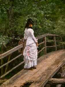 Zomerlandschap. Vera Repine op een kleine brug in Abramtsevo