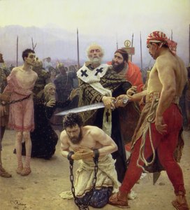 St. Nicolaas redt drie ten onrechte ter dood veroordeelde mannen door Ilya Efimovich Repin