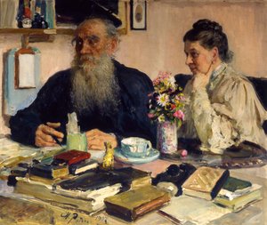 De auteur Leo Tolstoy met zijn vrouw in Yasnaya Polyana, 1907