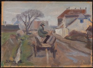De schilder Ølund Hansen zittend in een wagen schilderend door Immanuel Ibsen