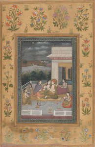 Een paar op een terras omringd door bedienden en muzikanten door Indian 18th Century