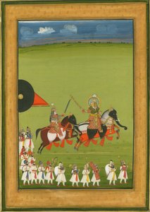 Rajah en zoon op paarden vermomd als olifanten, en suite van bedienden, ca. 1810