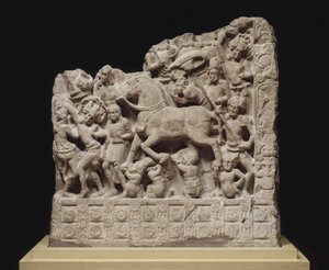 Het grote vertrek van Siddhartha Gautama, 2e eeuw na Chr. door Indian Art.