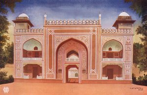 Agra: De poort van het Mausoleum van Etmadudowla (kleurenfoto) door Indian photographer