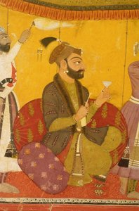 47.110/359 Gosain Narayan neemt gif in aanwezigheid van keizer Jahangir, Nurpur, Pahari School, 1725 door Indian School