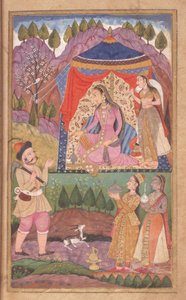 Folio 138 Farhad vertelt zijn avonturen aan Prinses Shirin, uit de Khusrau en Shirin, Deccani School, 1722 door Indian School