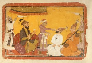 Gosain Narayan neemt gif in aanwezigheid van keizer Jahangir door Indian School