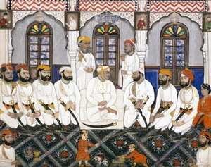 Een Jaipur raja gekleed voor aanbidding in durbar door Indian School