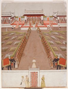 Een Nawab houdt hof in een paviljoen, voorbij een laan van bedienden en twee olifanten, c.1765