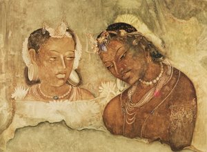 Een prinses en haar dienaar, kopie van een fresco uit de Ajanta-grotten, India