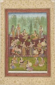 Een groep vrouwen in een tuin, zichzelf vermakend met muziek en dans door Indian School