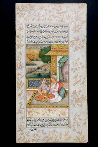 Een man het hof maken aan een vrouw in een boudoir scène, Rajasthani miniatuurschilderij