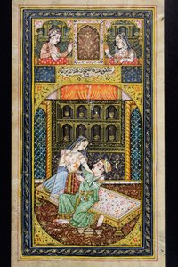 Een man het hof maakt aan een vrouw in een luxueuze omgeving, Rajasthani miniatuurschildering door Indian School
