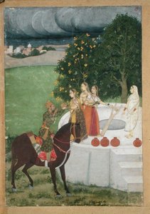 Een bereden prins ontvangt water van dames bij een put, miniatuur uit Murshidabad, c.1760