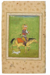 Een schilderij van Iraj te paard op jacht met een valk, India, Mughal Periode, eind 16e eeuw