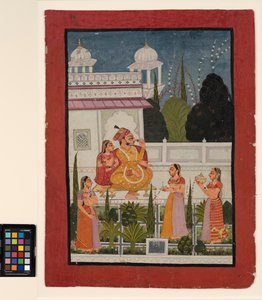 Een raja op een terras met zijn rani, bijgestaan door drie vrouwen door Indian School