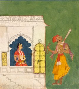 Een vrouw die naar een krijger kijkt, c.1680 door Indian School