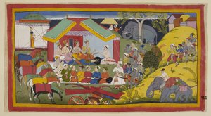 Bharata en zijn volgelingen hebben de hoofdstad van het Nishada-koninkrijk bereikt. In hun kamp aan de oever van de Ganga, zitten Bharata, zijn broer en ministers in durbar voor hun tent. De Nishadakoning Guha komt met door Indian School