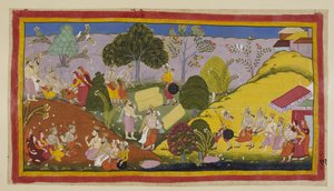 Links valt Bharata, in zijn extreme verdriet, flauw na het horen van Guha