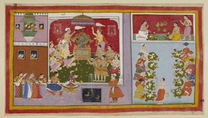 Add 15296 (1) f.106r, Door zijn magische krachten heeft Bharadvaja een paleis in een lusthof getoverd voor het vermaak en de verfrissing van zijn gasten. Bharadvaja en de andere asceten en brahmanen zitten in de troonzaal, terwijl de twee prinsen eerst. door Indian School