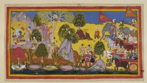 Het tumult van het naderende leger heeft Rama gealarmeerd, hij vertelt Laksmana om in een boom te klimmen om te ontdekken wat het lawaai veroorzaakt. Laksmana klimt in een bloeiende salaboom en herkent in de verte Bharata