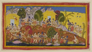 Bharata en Shatrughna werpen zich aan de voeten van Rama, die zijn jongere broers omhelst en hun hoofden ruikt. Rama neemt hen op zijn schoot terwijl hij naar hun welzijn en dat van hun vader vraagt.