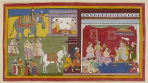 Dasaratha, gezeten in durbar, vertelt de Brahmanen Vasistha en Vamadeva en zijn minister Sumantra over zijn voornemen om zijn troon af te staan aan Rama als regent; links roepen deze drie Rama en Laksmana. door Indian School