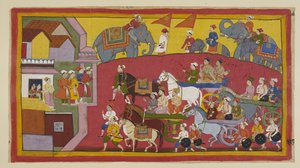 De strijdwagens van Vasistha en de prinsen, vergezeld door verschillende ministers en mensen, betreden de stad Nandigrama. door Indian School