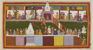 Add 15296 (1) f.16r, In de hoofdstraat van de stad Ayodhya versieren de opgewonden kooplieden hun winkels met hun mooiste brokaten, terwijl mensen op de daken van de huizen en over de tempels klimmen om het beste uitzicht op de kroningsprocessie te krijgen door Indian School